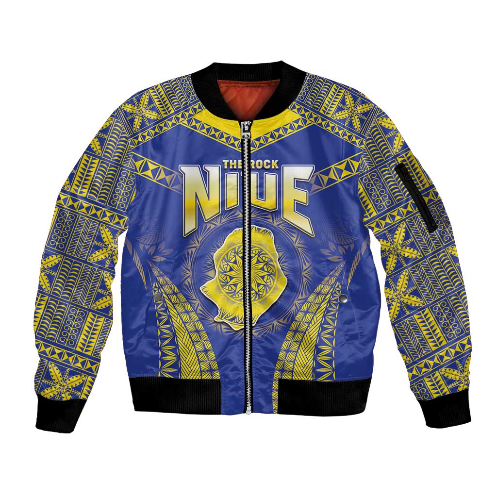 Personalised Niue The Rock Of Polynesia Sleeve Zip Bomber Jacket Peniamina Gospel Day Blue Version