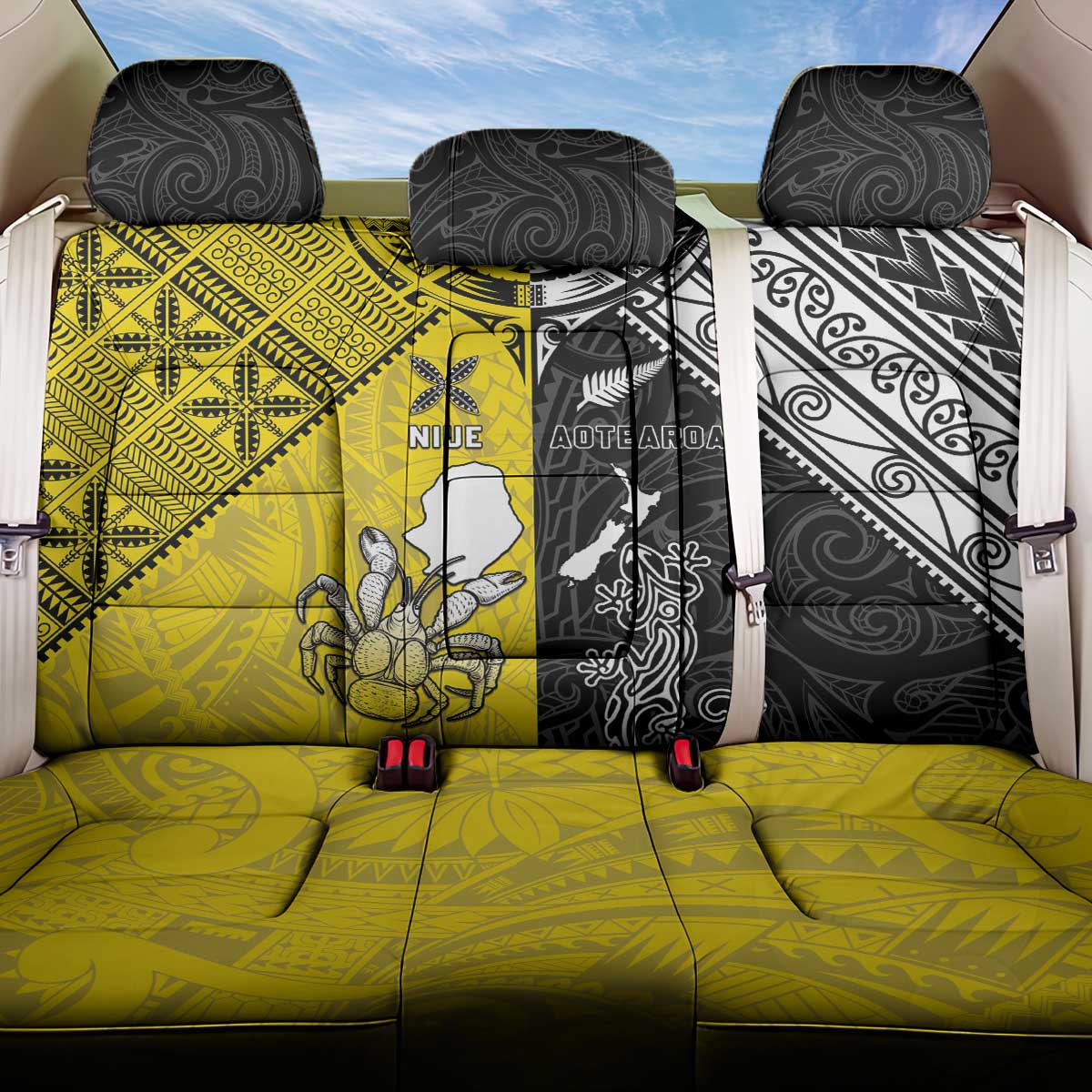 New Zealand Maori And Niue Hiapo Back Car Seat Cover Lizard And Coconut Crab Together