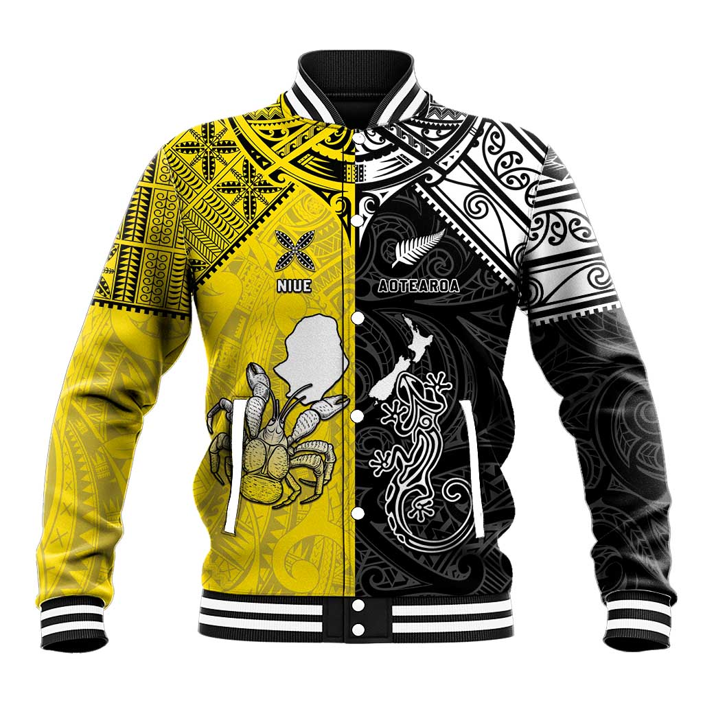 Custom New Zealand Maori And Niue Hiapo Baseball Jacket Lizard And Coconut Crab Together