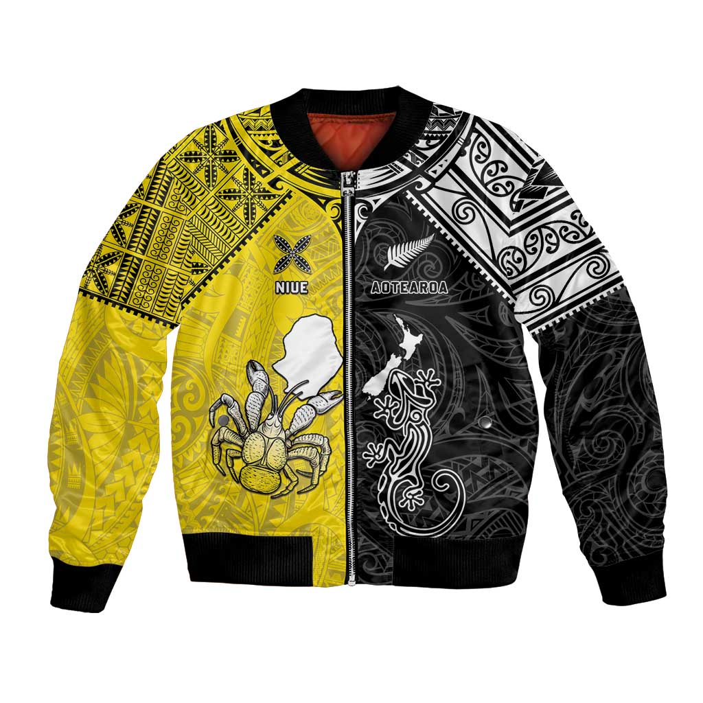 Custom New Zealand Maori And Niue Hiapo Bomber Jacket Lizard And Coconut Crab Together