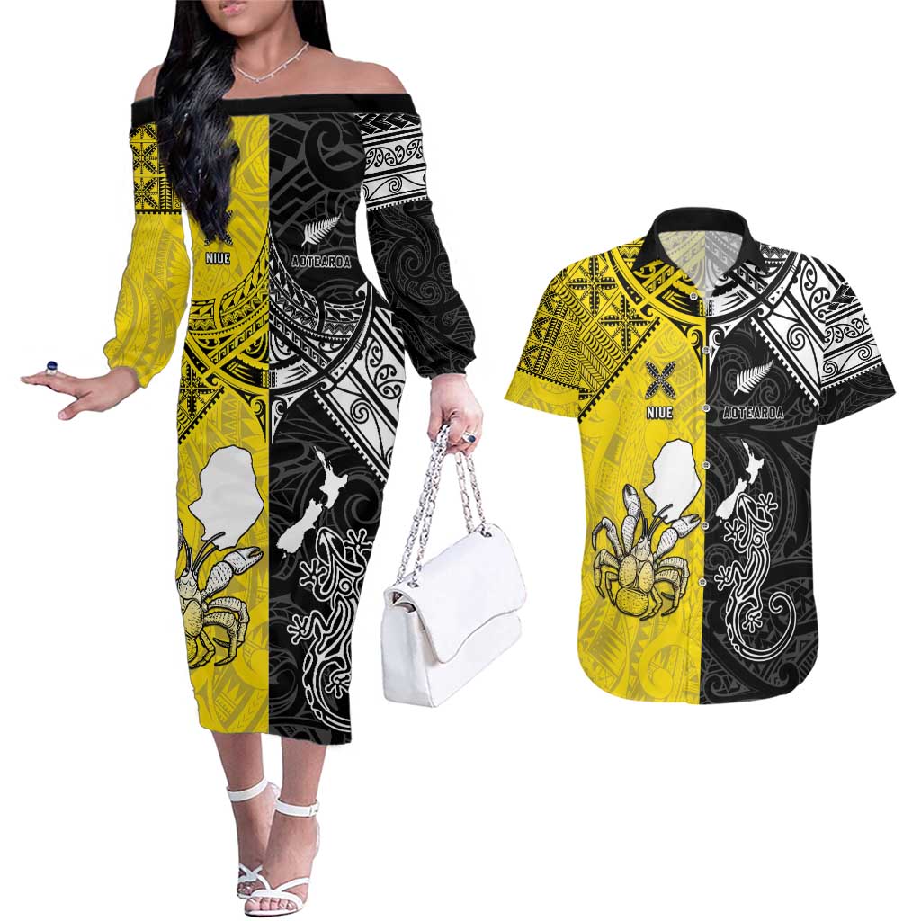 Custom New Zealand Maori And Niue Hiapo Couples Matching Off The Shoulder Long Sleeve Dress and Hawaiian Shirt Lizard And Coconut Crab Together