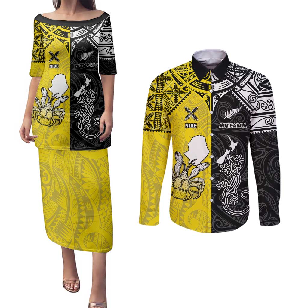 Custom New Zealand Maori And Niue Hiapo Couples Matching Puletasi and Long Sleeve Button Shirt Lizard And Coconut Crab Together