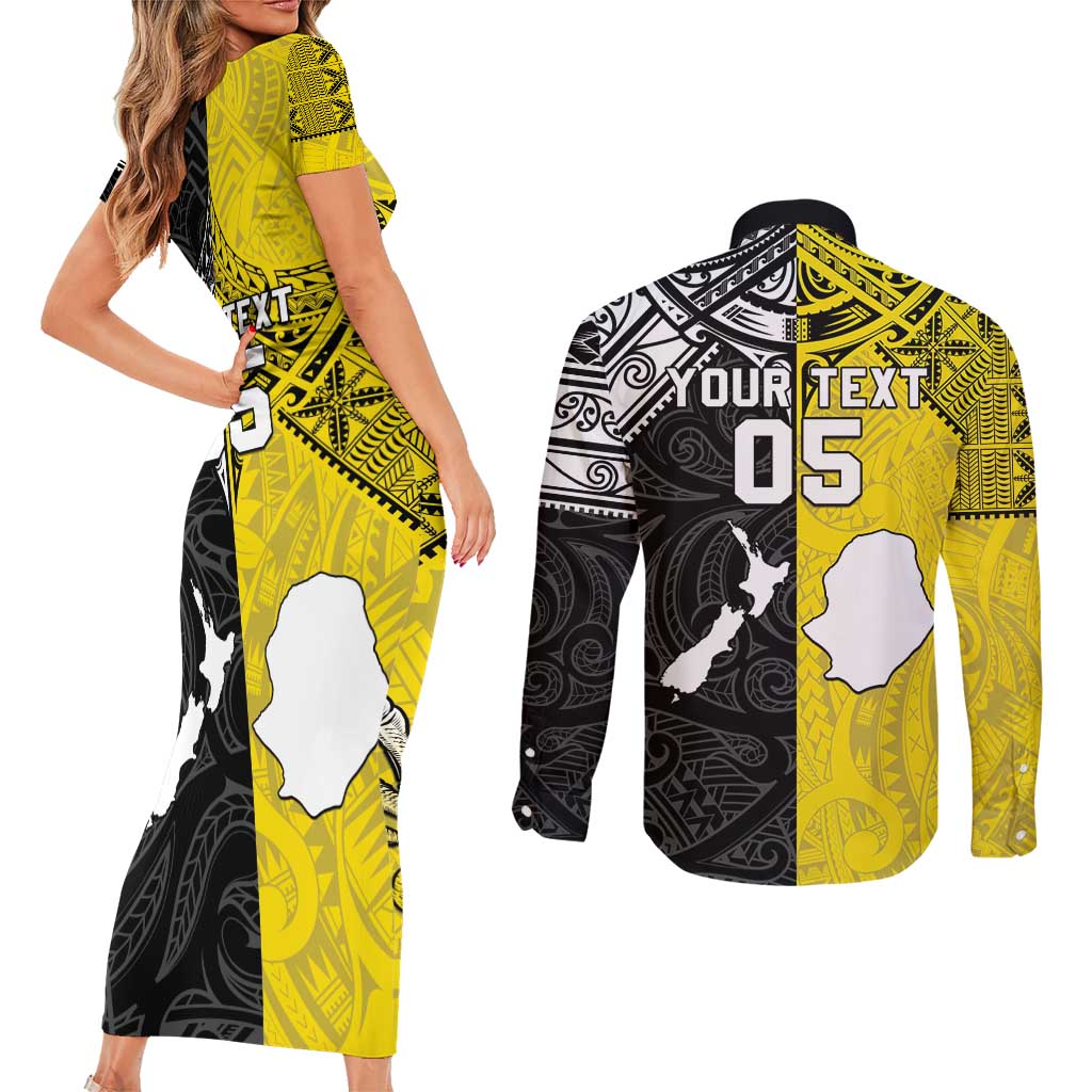 Custom New Zealand Maori And Niue Hiapo Couples Matching Short Sleeve Bodycon Dress and Long Sleeve Button Shirt Lizard And Coconut Crab Together