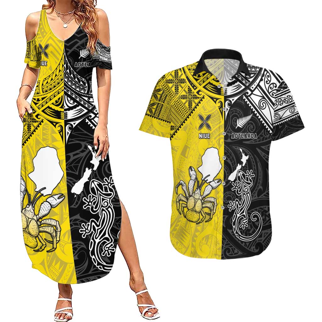 Custom New Zealand Maori And Niue Hiapo Couples Matching Summer Maxi Dress and Hawaiian Shirt Lizard And Coconut Crab Together