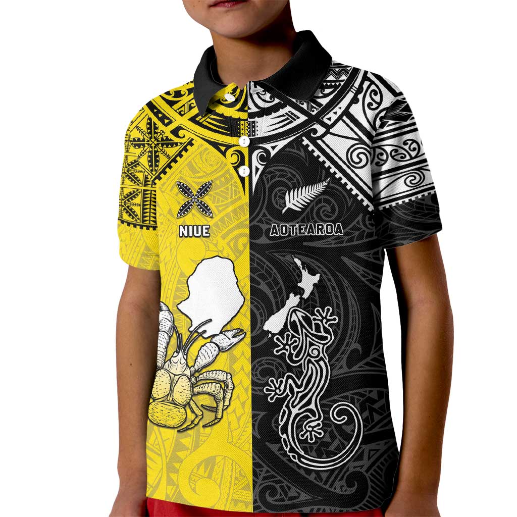 Custom New Zealand Maori And Niue Hiapo Kid Polo Shirt Lizard And Coconut Crab Together