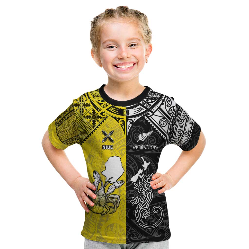 Custom New Zealand Maori And Niue Hiapo Kid T Shirt Lizard And Coconut Crab Together