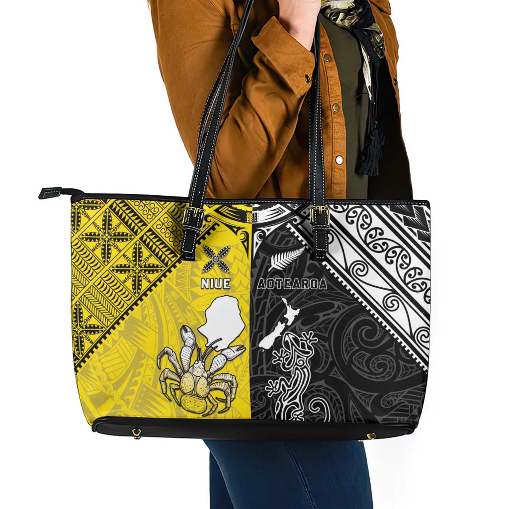 New Zealand Maori And Niue Hiapo Leather Tote Bag Lizard And Coconut Crab Together