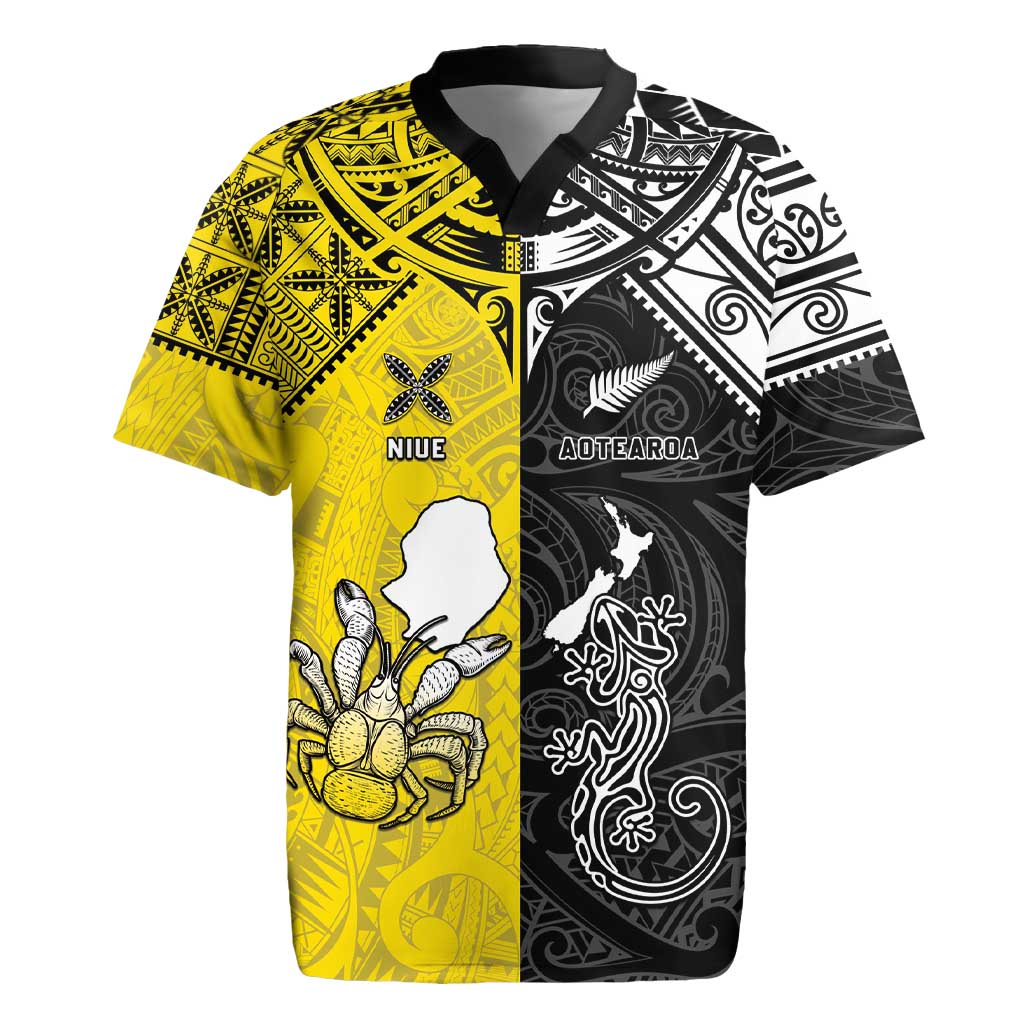 Custom New Zealand Maori And Niue Hiapo Rugby Jersey Lizard And Coconut Crab Together