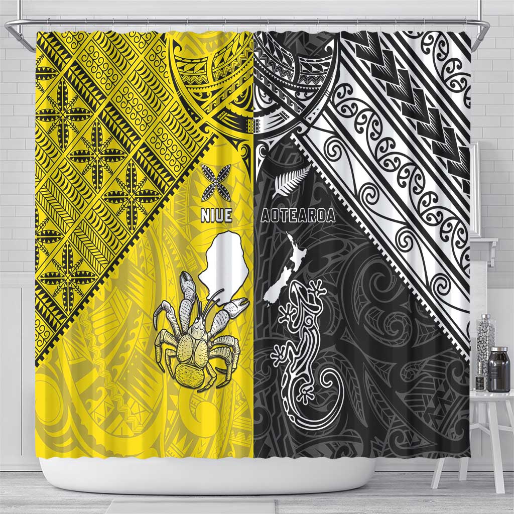 New Zealand Maori And Niue Hiapo Shower Curtain Lizard And Coconut Crab Together