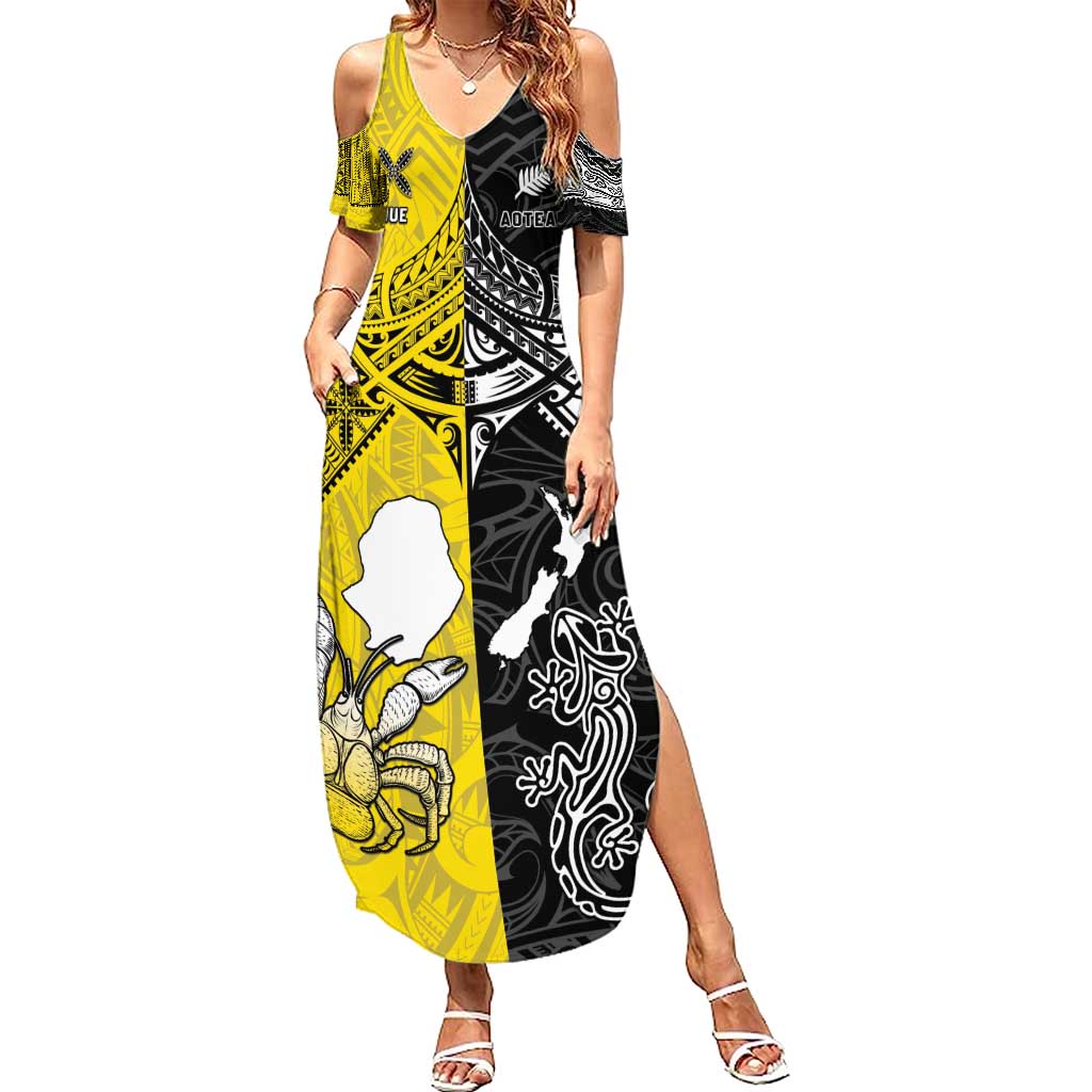 Custom New Zealand Maori And Niue Hiapo Summer Maxi Dress Lizard And Coconut Crab Together