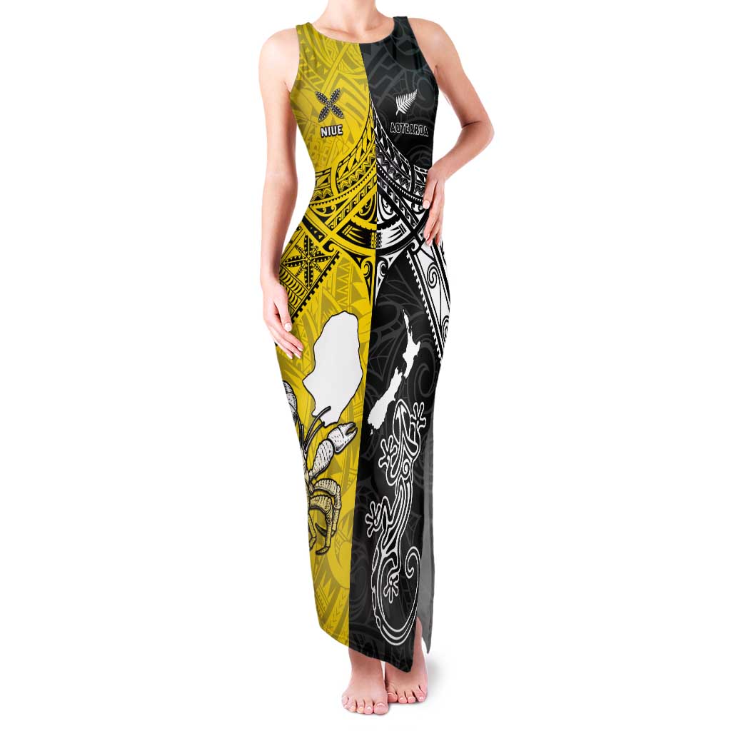 Custom New Zealand Maori And Niue Hiapo Tank Maxi Dress Lizard And Coconut Crab Together