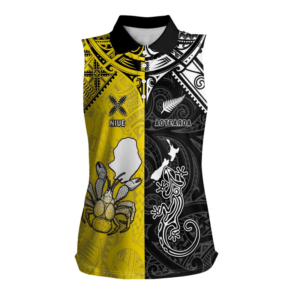 Custom New Zealand Maori And Niue Hiapo Women Sleeveless Polo Shirt Lizard And Coconut Crab Together