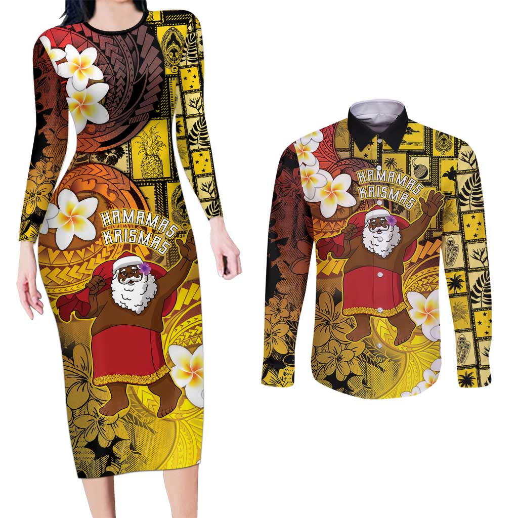 Papua New Guinea Retro Christmas Couples Matching Long Sleeve Bodycon Dress and Long Sleeve Button Shirt Hamamas Krismas - Polynesian Pride