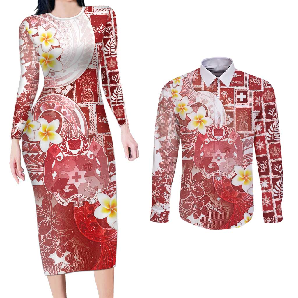 Tonga Christmas Couples Matching Long Sleeve Bodycon Dress and Long Sleeve Button Shirt Kilisimasi Fiefia Retro Style Red - Polynesian Pride