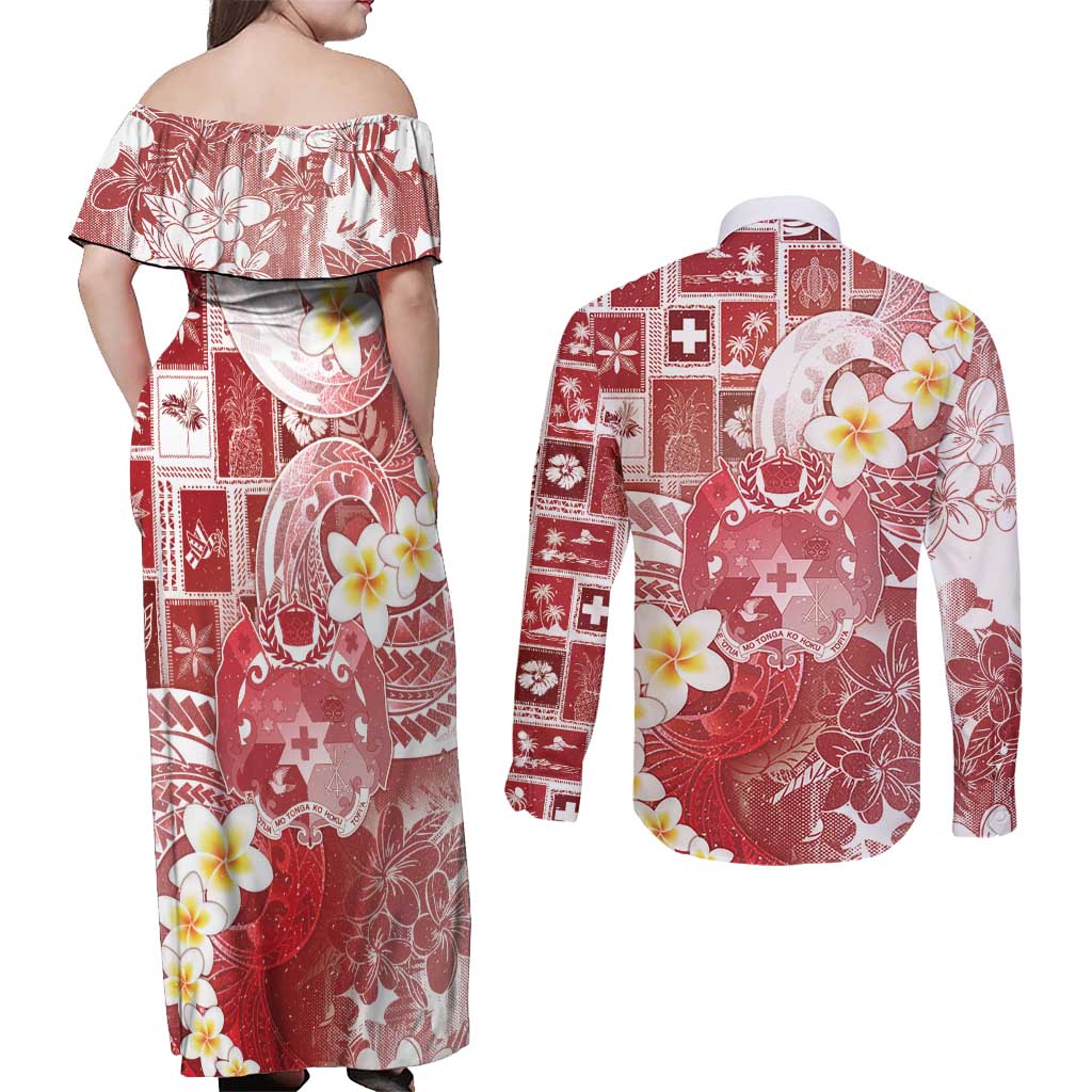 Tonga Christmas Couples Matching Off Shoulder Maxi Dress and Long Sleeve Button Shirt Kilisimasi Fiefia Retro Style Red - Polynesian Pride