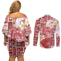 Tonga Christmas Couples Matching Off Shoulder Short Dress and Long Sleeve Button Shirt Kilisimasi Fiefia Retro Style Red - Polynesian Pride