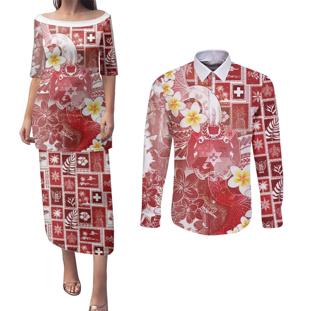 Tonga Christmas Couples Matching Puletasi and Long Sleeve Button Shirt Kilisimasi Fiefia Retro Style Red - Polynesian Pride