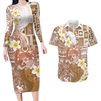 Tonga Christmas Couples Matching Long Sleeve Bodycon Dress and Hawaiian Shirt Kilisimasi Fiefia Retro Style Brown - Polynesian Pride