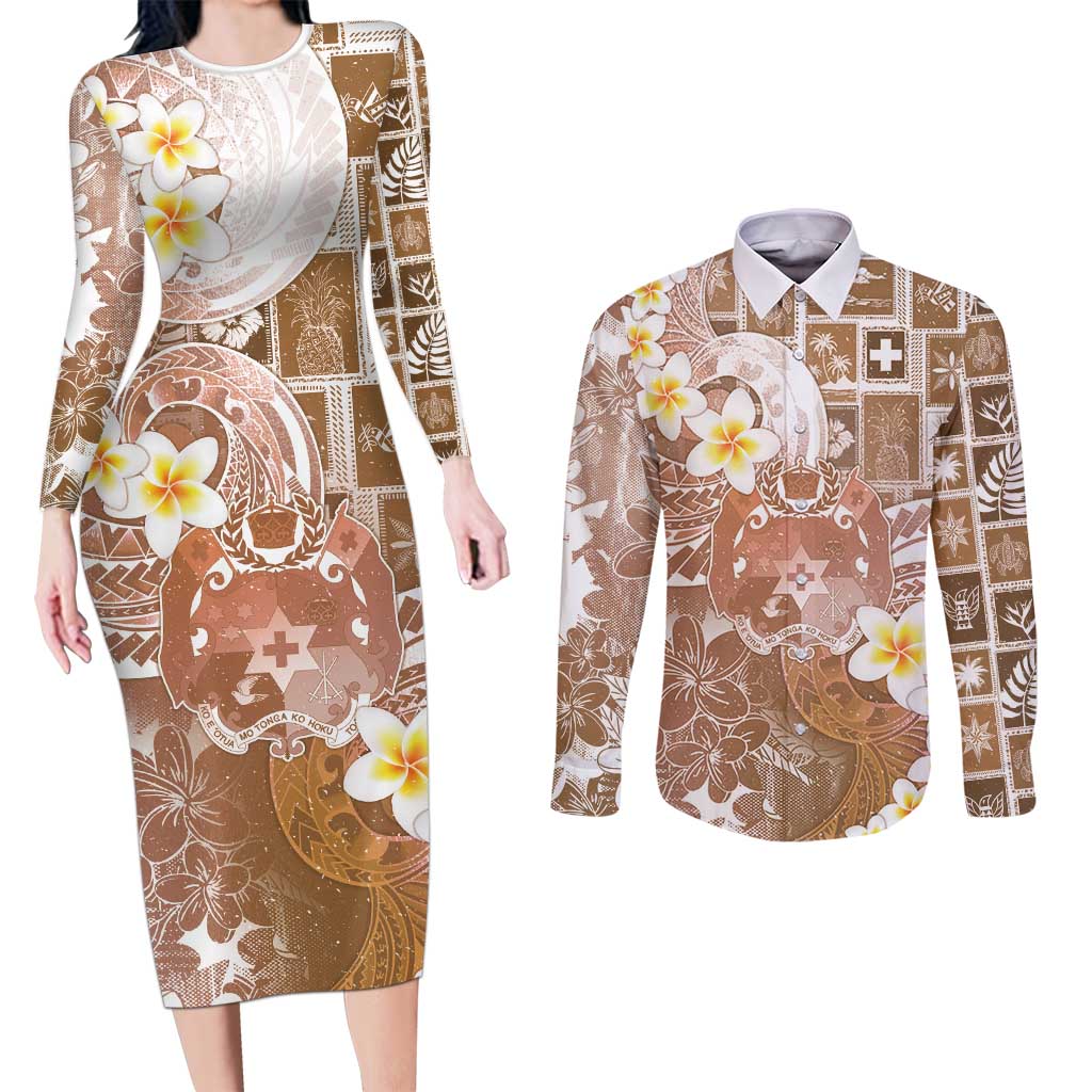 Tonga Christmas Couples Matching Long Sleeve Bodycon Dress and Long Sleeve Button Shirt Kilisimasi Fiefia Retro Style Brown - Polynesian Pride