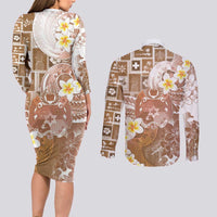 Tonga Christmas Couples Matching Long Sleeve Bodycon Dress and Long Sleeve Button Shirt Kilisimasi Fiefia Retro Style Brown - Polynesian Pride