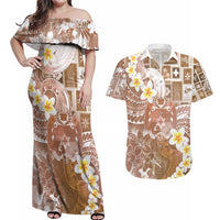 Tonga Christmas Couples Matching Off Shoulder Maxi Dress and Hawaiian Shirt Kilisimasi Fiefia Retro Style Brown - Polynesian Pride