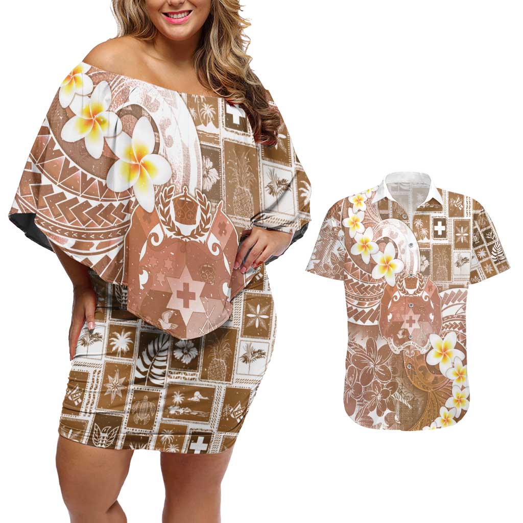 Tonga Christmas Couples Matching Off Shoulder Short Dress and Hawaiian Shirt Kilisimasi Fiefia Retro Style Brown - Polynesian Pride