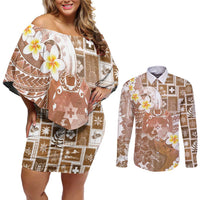 Tonga Christmas Couples Matching Off Shoulder Short Dress and Long Sleeve Button Shirt Kilisimasi Fiefia Retro Style Brown - Polynesian Pride
