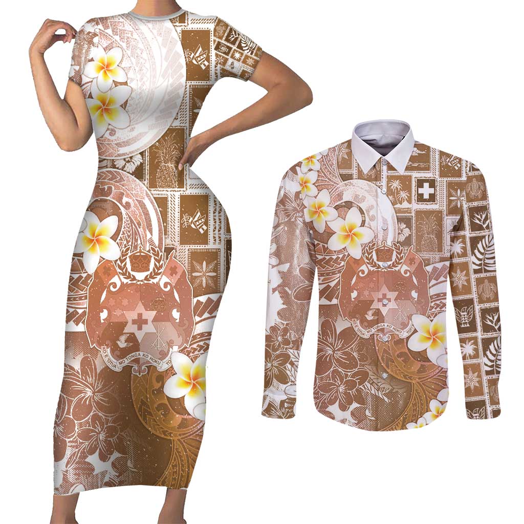Tonga Christmas Couples Matching Short Sleeve Bodycon Dress and Long Sleeve Button Shirt Kilisimasi Fiefia Retro Style Brown - Polynesian Pride