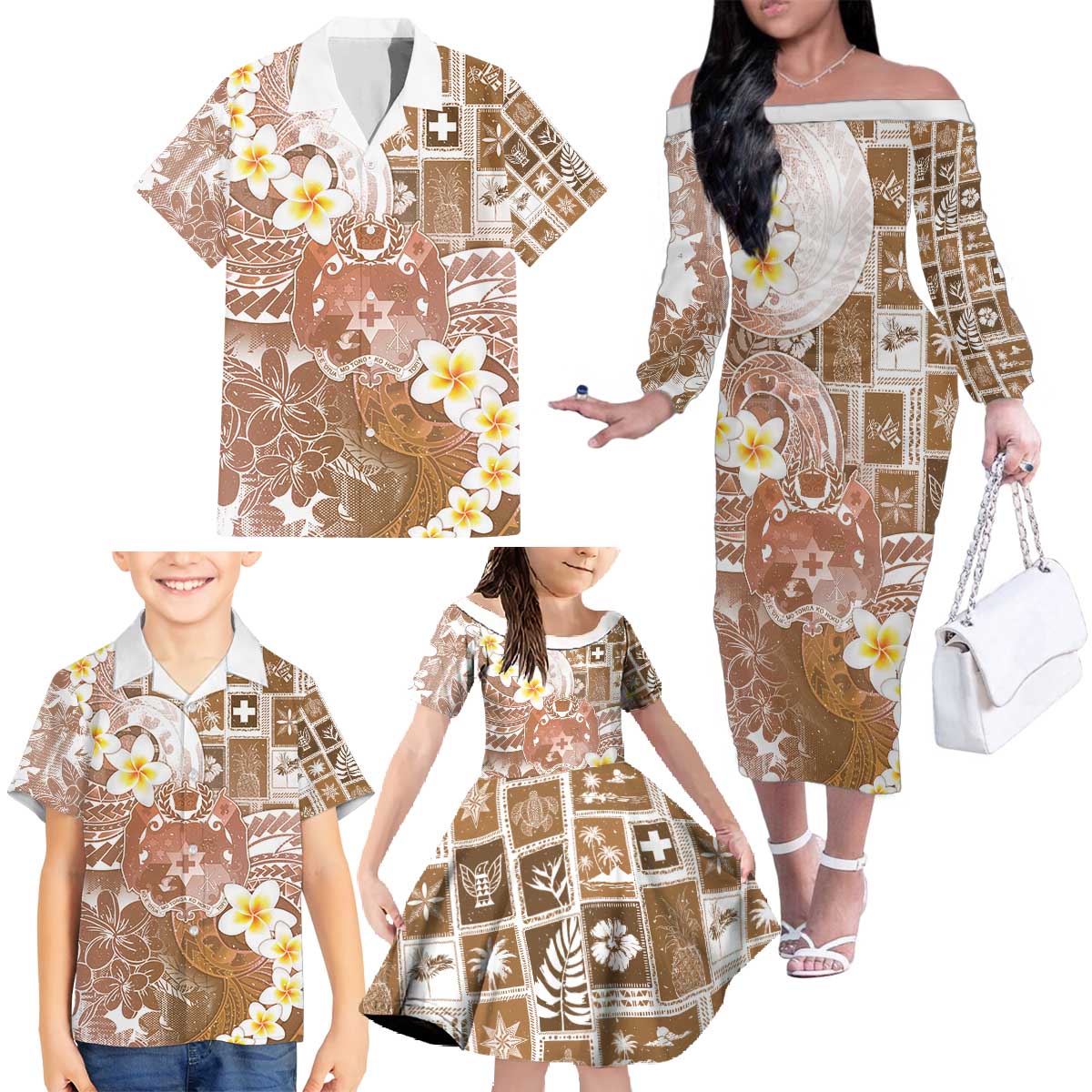 Tonga Christmas Family Matching Off The Shoulder Long Sleeve Dress and Hawaiian Shirt Kilisimasi Fiefia Retro Style Brown - Polynesian Pride