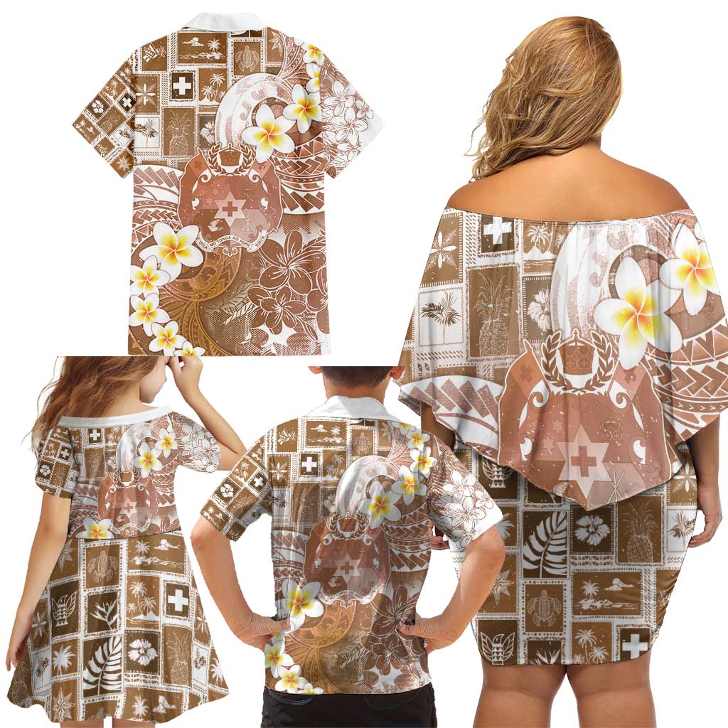 Tonga Christmas Family Matching Off Shoulder Short Dress and Hawaiian Shirt Kilisimasi Fiefia Retro Style Brown - Polynesian Pride