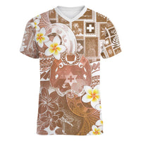 Tonga Christmas Women V-Neck T-Shirt Kilisimasi Fiefia Retro Style Brown - Polynesian Pride