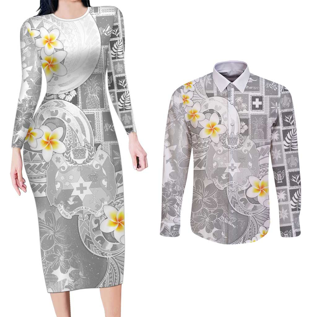 Tonga Christmas Couples Matching Long Sleeve Bodycon Dress and Long Sleeve Button Shirt Kilisimasi Fiefia Retro Style White - Polynesian Pride