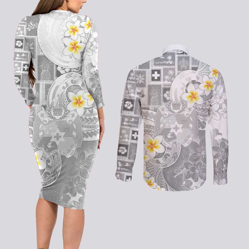 Tonga Christmas Couples Matching Long Sleeve Bodycon Dress and Long Sleeve Button Shirt Kilisimasi Fiefia Retro Style White - Polynesian Pride