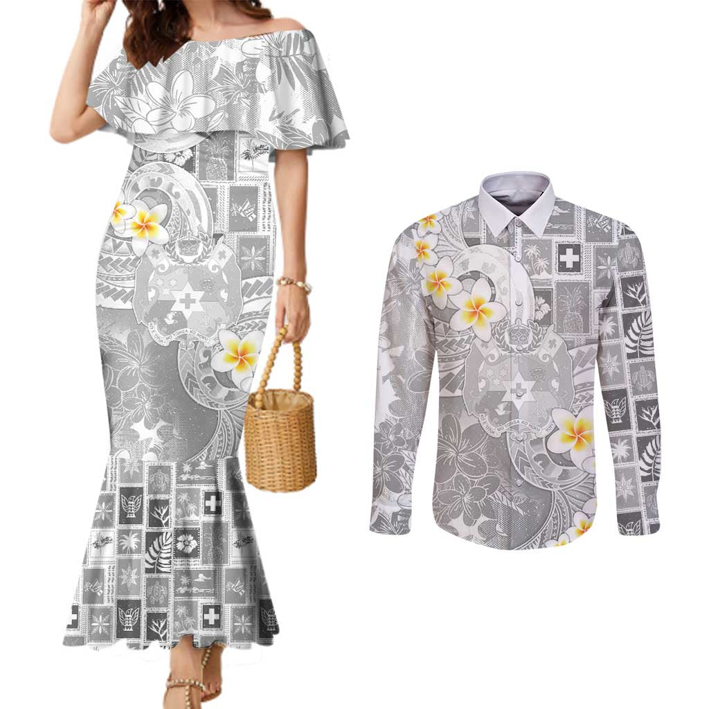 Tonga Christmas Couples Matching Mermaid Dress and Long Sleeve Button Shirt Kilisimasi Fiefia Retro Style White - Polynesian Pride