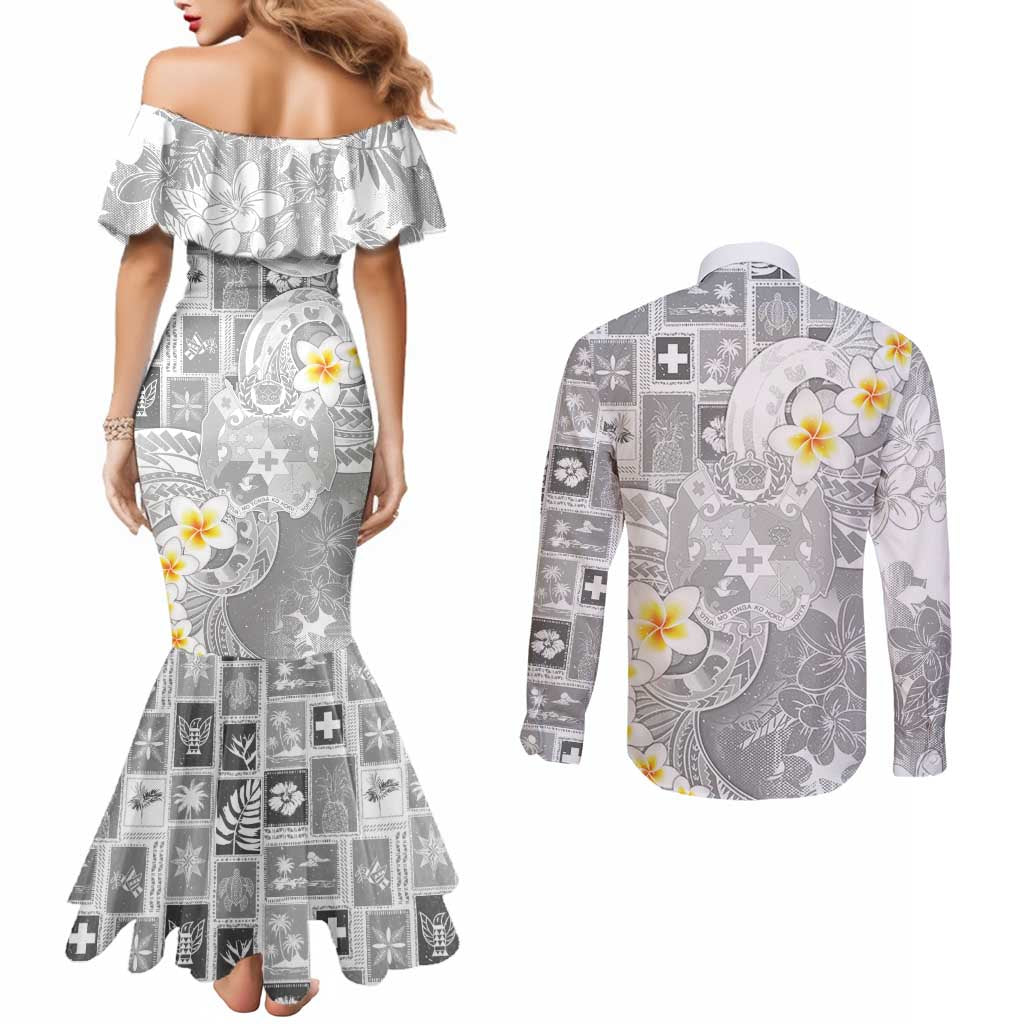 Tonga Christmas Couples Matching Mermaid Dress and Long Sleeve Button Shirt Kilisimasi Fiefia Retro Style White - Polynesian Pride