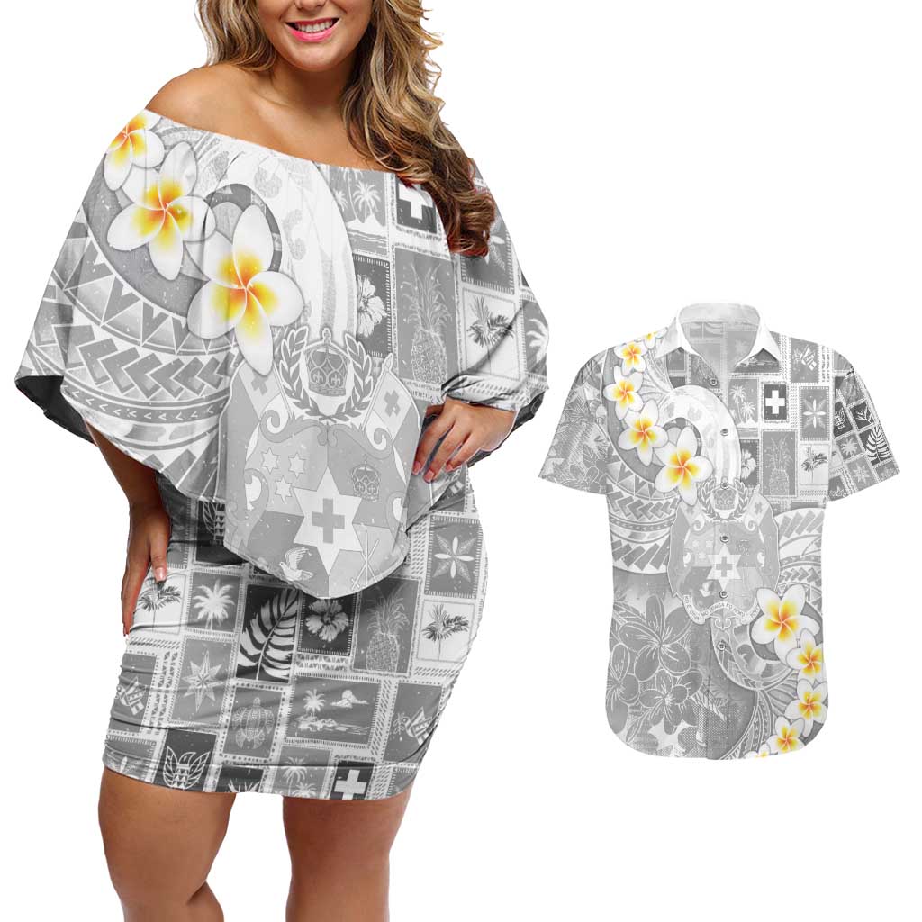 Tonga Christmas Couples Matching Off Shoulder Short Dress and Hawaiian Shirt Kilisimasi Fiefia Retro Style White - Polynesian Pride