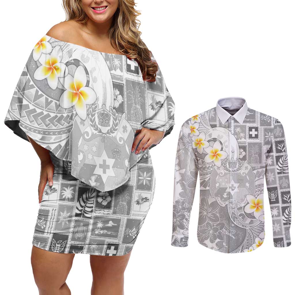 Tonga Christmas Couples Matching Off Shoulder Short Dress and Long Sleeve Button Shirt Kilisimasi Fiefia Retro Style White - Polynesian Pride