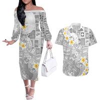 Tonga Christmas Couples Matching Off The Shoulder Long Sleeve Dress and Hawaiian Shirt Kilisimasi Fiefia Retro Style White - Polynesian Pride