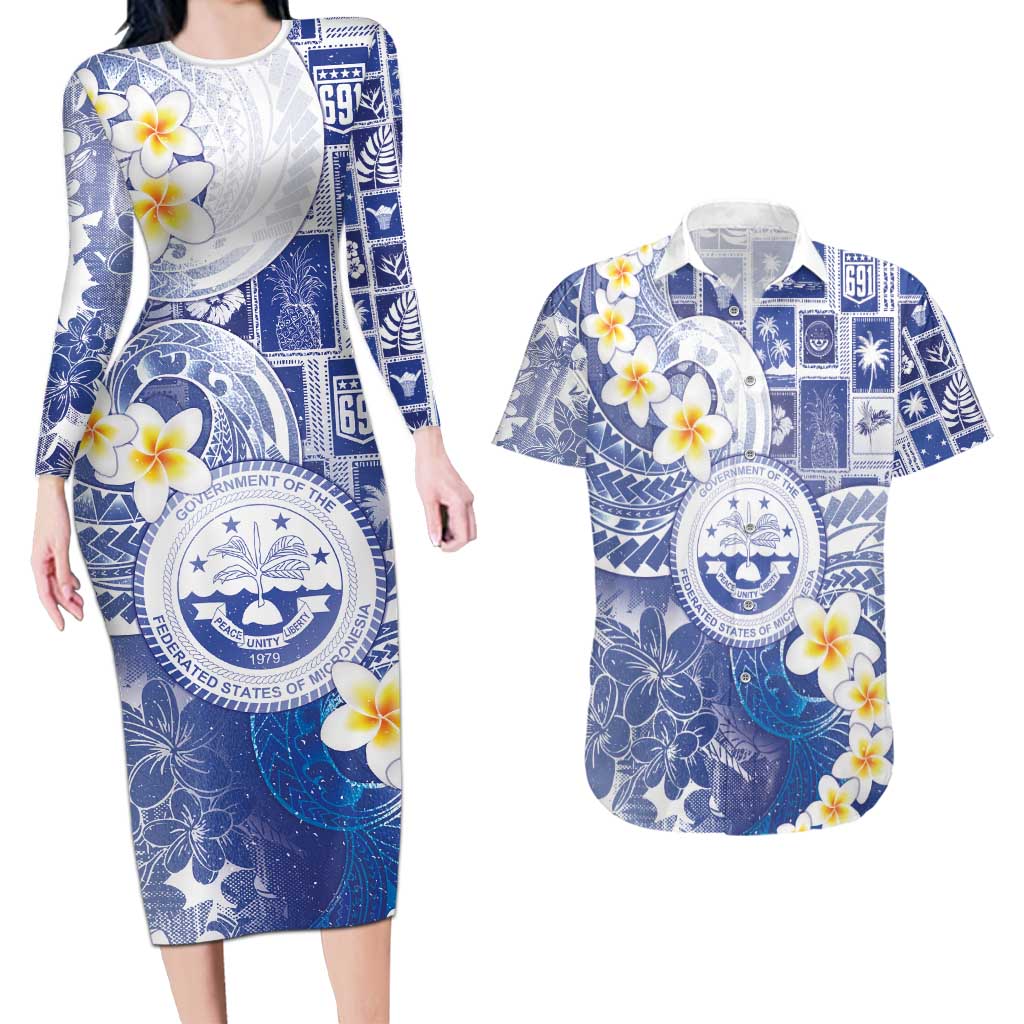 Federated States Of Micronesia Christmas Couples Matching Long Sleeve Bodycon Dress and Hawaiian Shirt Retro Style Bright Version - Polynesian Pride