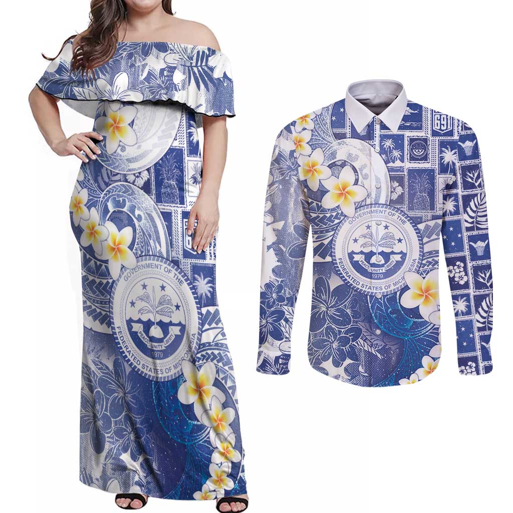 Federated States Of Micronesia Christmas Couples Matching Off Shoulder Maxi Dress and Long Sleeve Button Shirt Retro Style Bright Version - Polynesian Pride