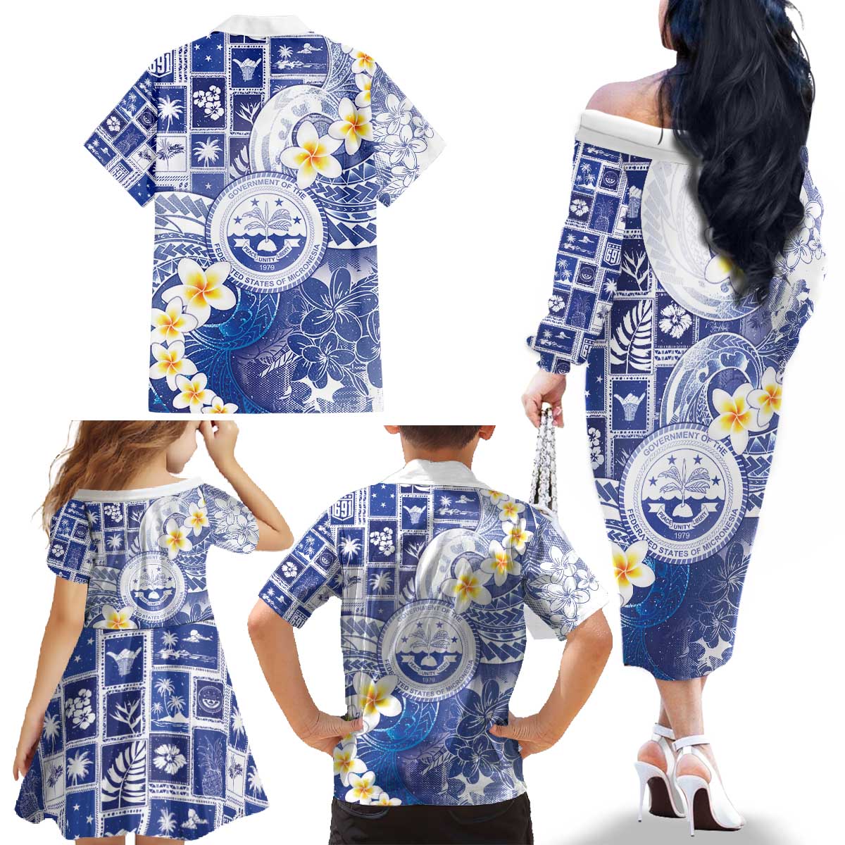 Federated States Of Micronesia Christmas Family Matching Off The Shoulder Long Sleeve Dress and Hawaiian Shirt Retro Style Bright Version - Polynesian Pride