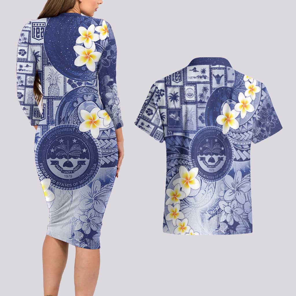 Federated States Of Micronesia Christmas Couples Matching Long Sleeve Bodycon Dress and Hawaiian Shirt Retro Style Dark Version - Polynesian Pride