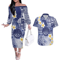 Federated States Of Micronesia Christmas Couples Matching Off The Shoulder Long Sleeve Dress and Hawaiian Shirt Retro Style Dark Version - Polynesian Pride