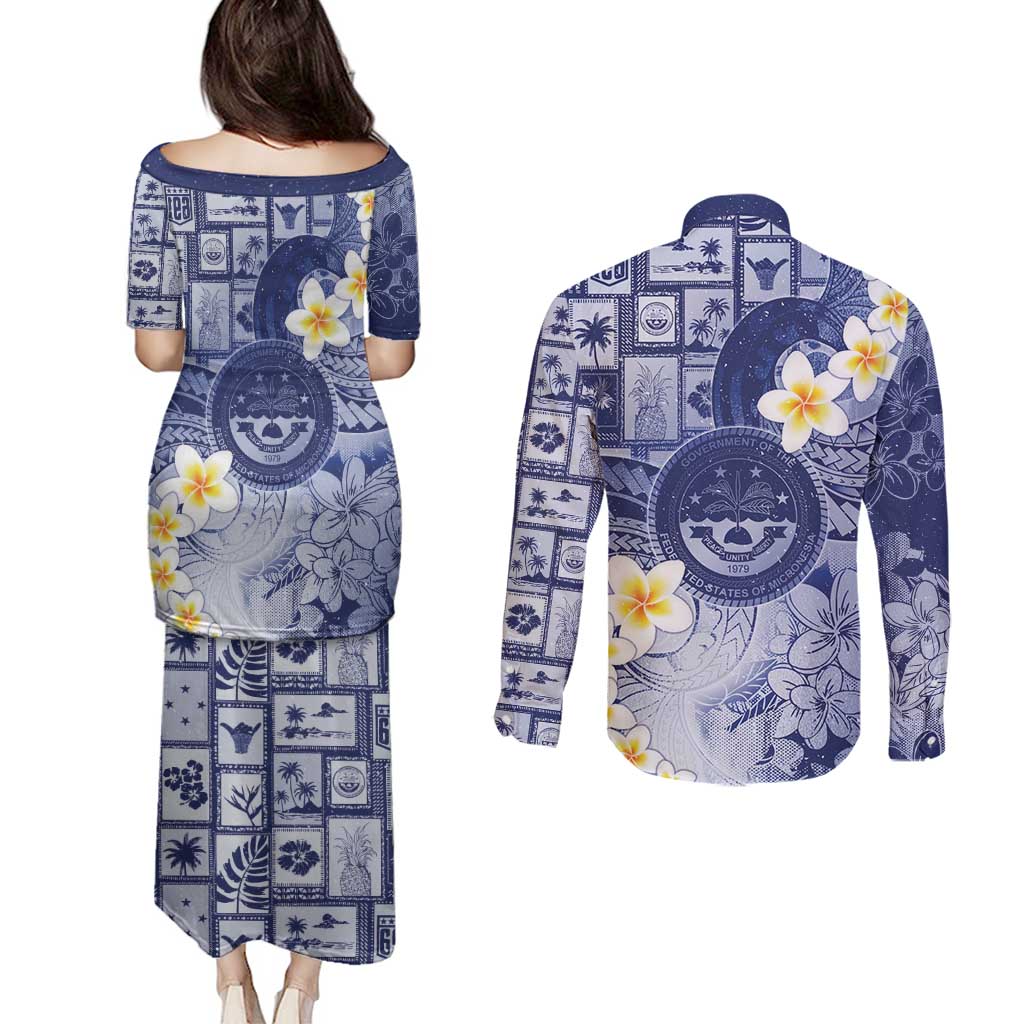 Federated States Of Micronesia Christmas Couples Matching Puletasi and Long Sleeve Button Shirt Retro Style Dark Version - Polynesian Pride