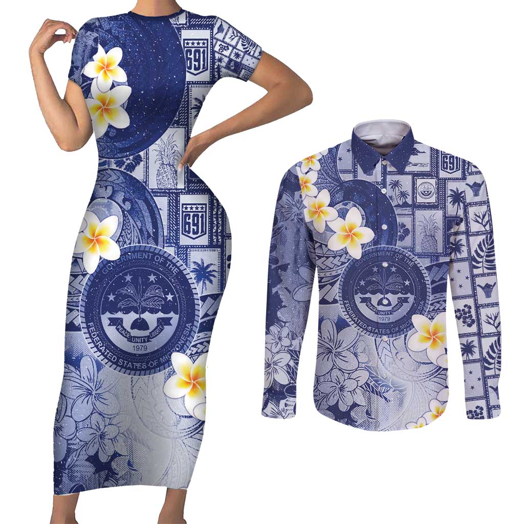 Federated States Of Micronesia Christmas Couples Matching Short Sleeve Bodycon Dress and Long Sleeve Button Shirt Retro Style Dark Version - Polynesian Pride