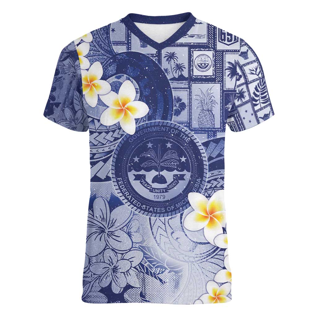Federated States Of Micronesia Christmas Women V-Neck T-Shirt Retro Style Dark Version - Polynesian Pride