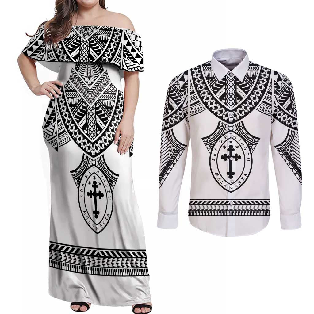 Personalised Melanesian Brotherhood Couples Matching Off Shoulder Maxi Dress and Long Sleeve Button Shirt With Tribal Pattern - Polynesian Pride