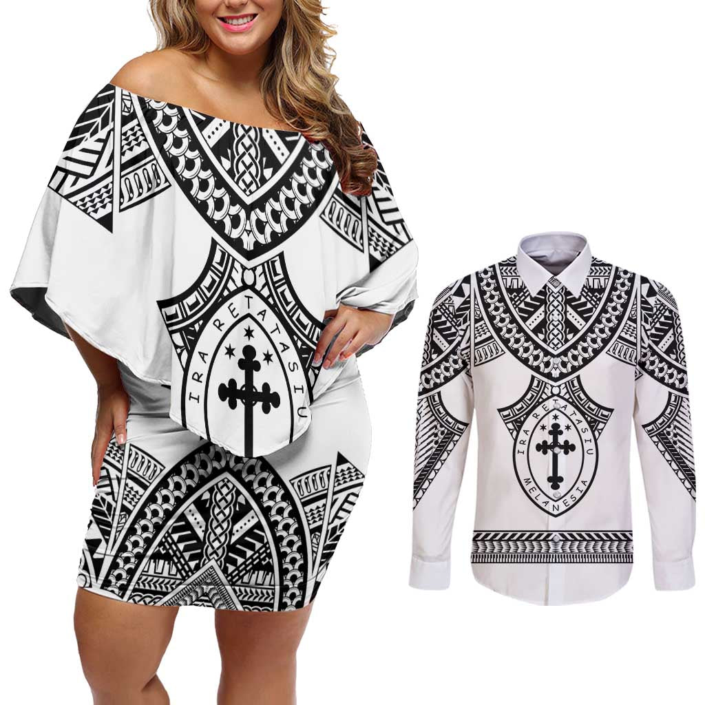 Personalised Melanesian Brotherhood Couples Matching Off Shoulder Short Dress and Long Sleeve Button Shirt With Tribal Pattern - Polynesian Pride