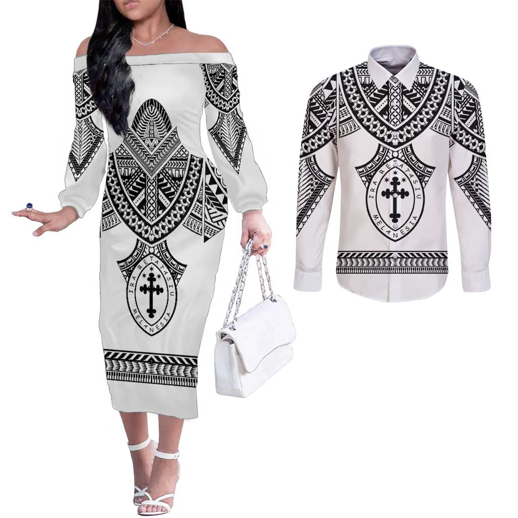 Personalised Melanesian Brotherhood Couples Matching Off The Shoulder Long Sleeve Dress and Long Sleeve Button Shirt With Tribal Pattern - Polynesian Pride