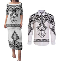 Personalised Melanesian Brotherhood Couples Matching Puletasi and Long Sleeve Button Shirt With Tribal Pattern - Polynesian Pride